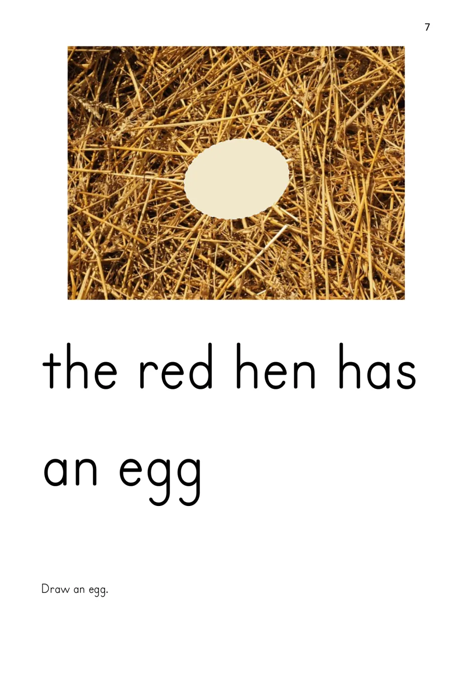 Phonics story page reads 'the red hen has an egg,' shows an egg on straw, and asks students to draw an egg