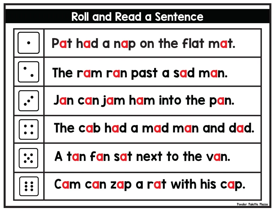 Short a decoding practice: students roll and read sentences like Pat had a nap on the flat mat, with each a shown in red