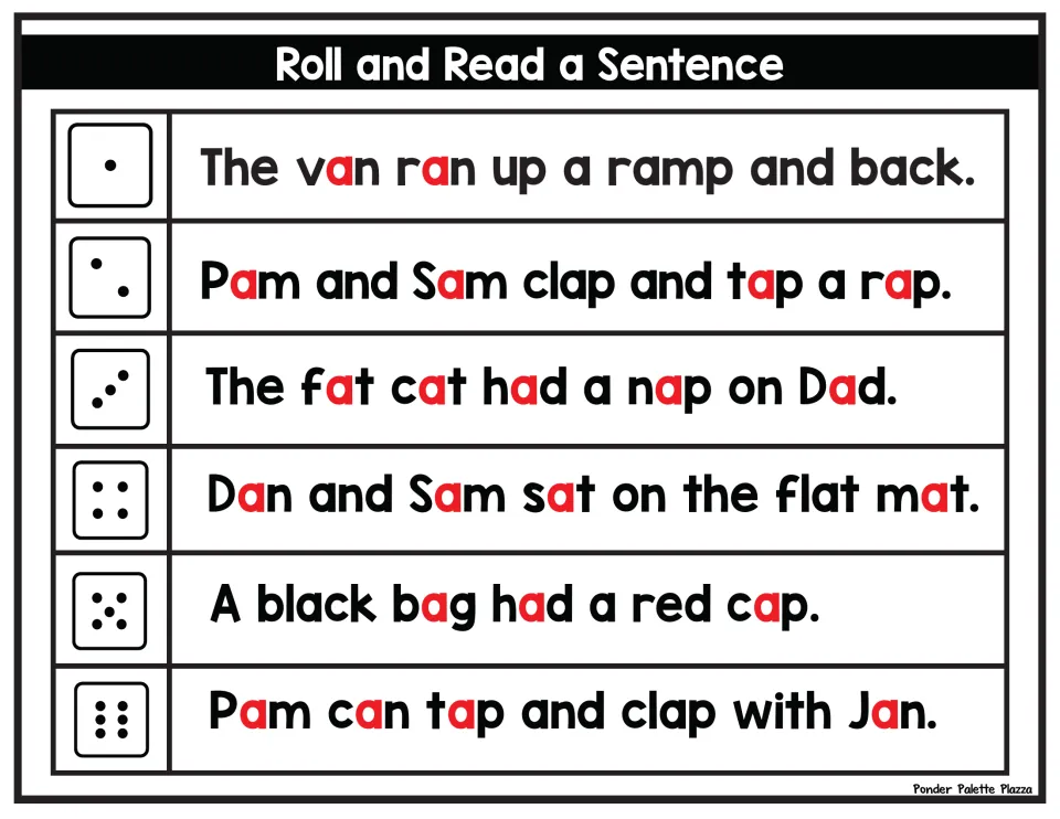 Short a words in sentences: students roll to pick one, such as The van ran up a ramp and back or A black bag had a red cap