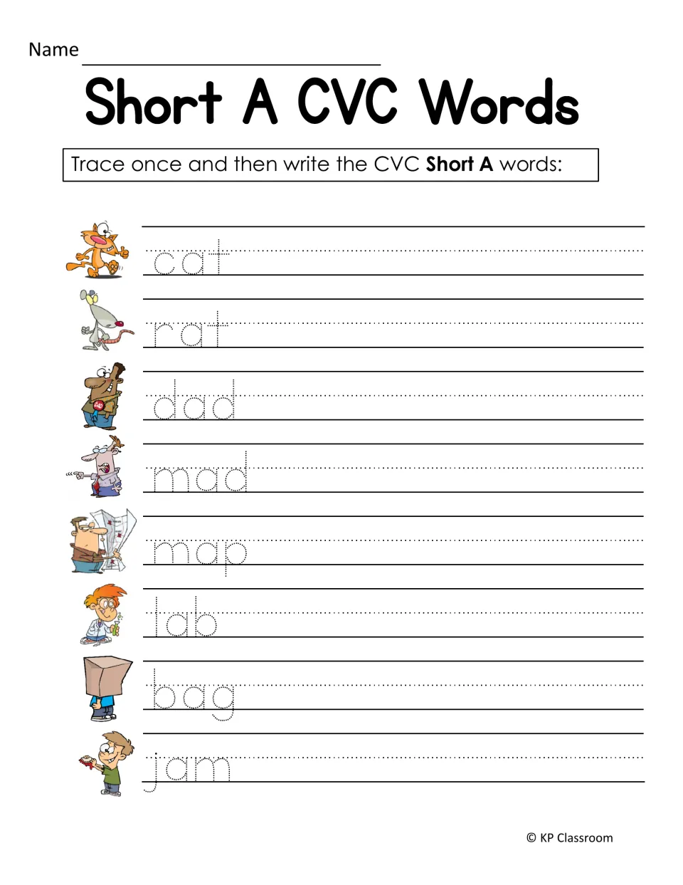 Short A CVC handwriting practice: students trace and then write cat, rat, dad, mad, map, lab, bag and jam beside pictures
