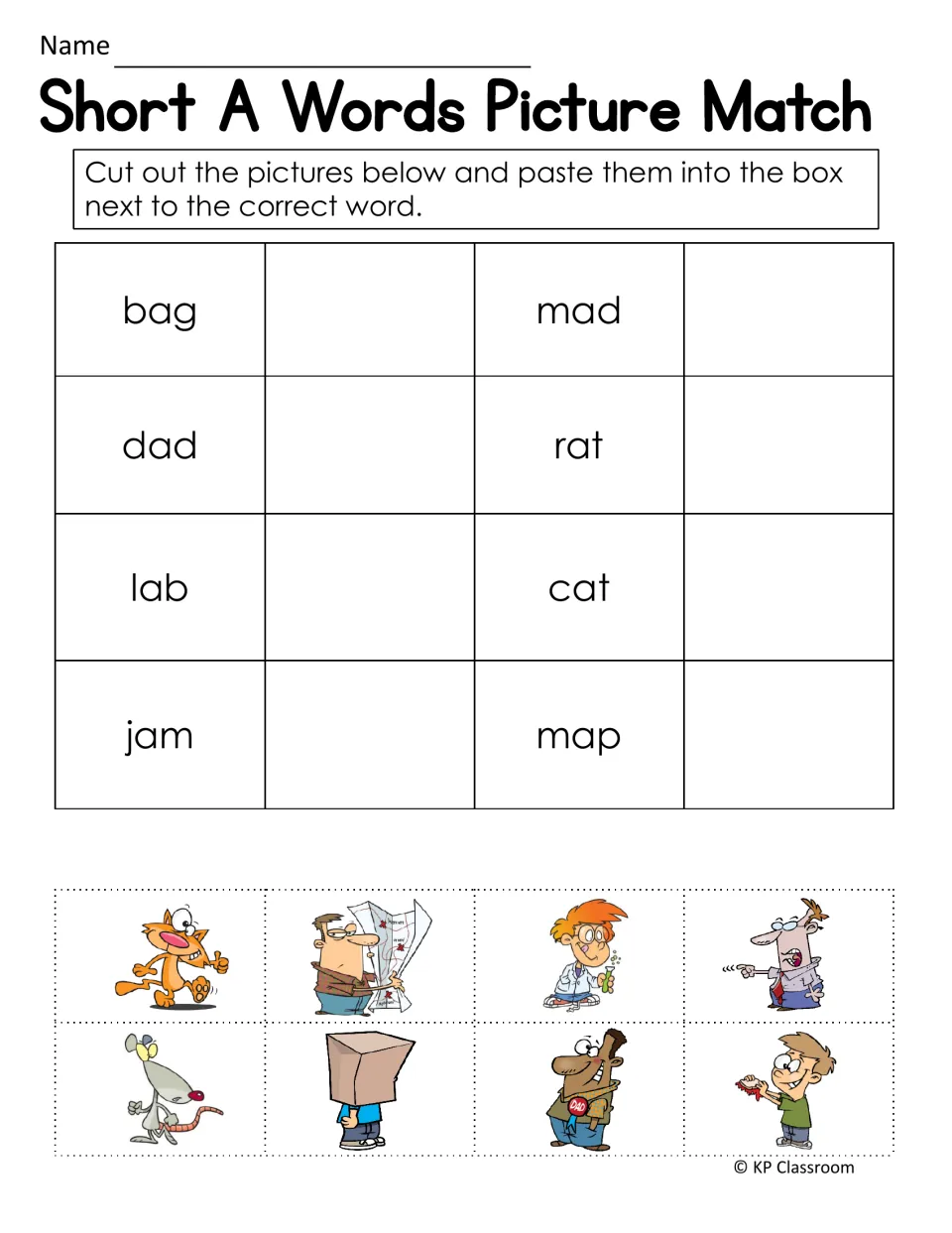 Short A picture match: students cut out eight pictures and paste each beside bag, mad, dad, rat, lab, cat, jam or map