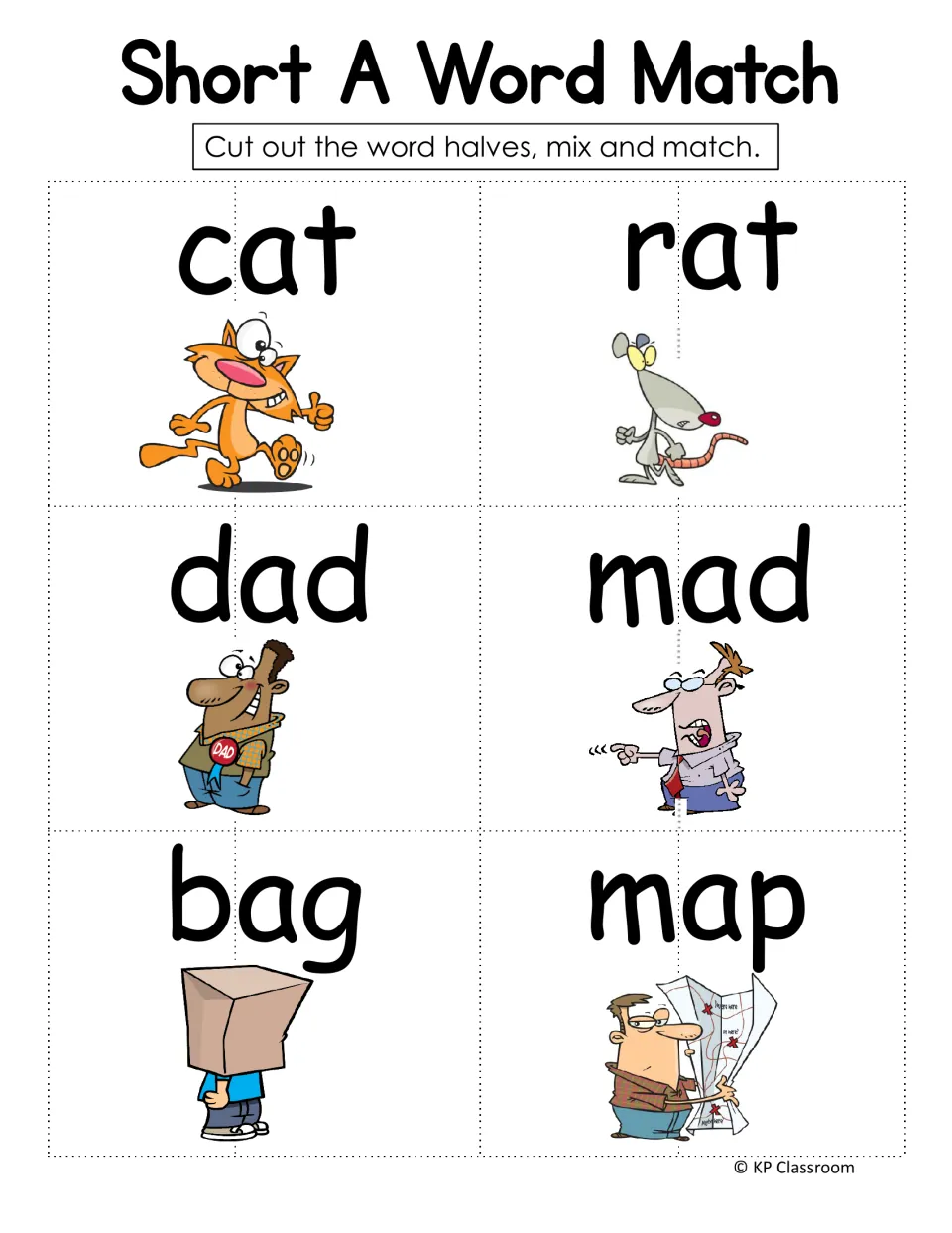 Short A word match: students cut cat, rat, dad, mad, bag and map cards into halves, then mix and match them