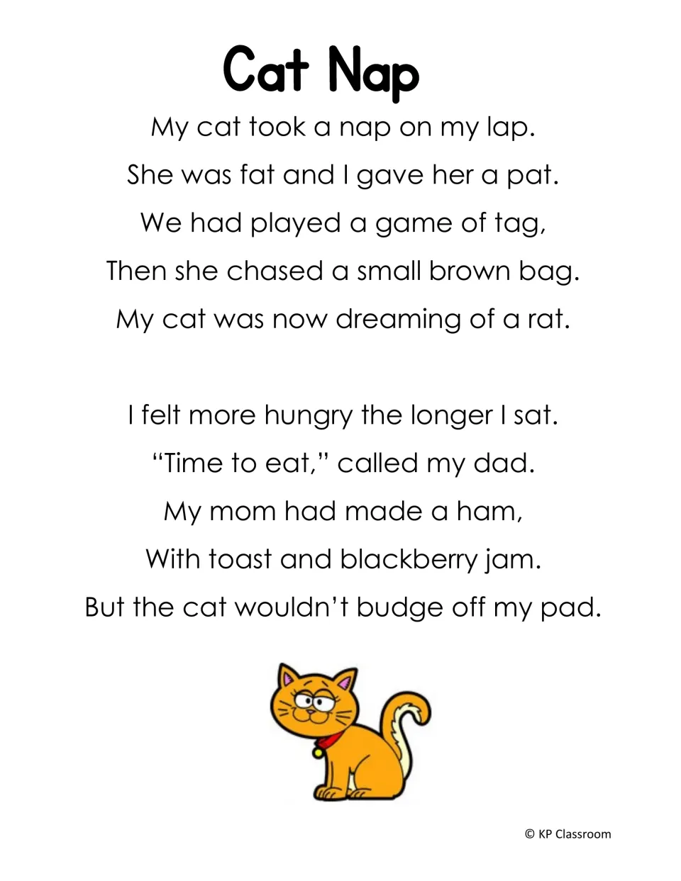 Cat Nap: students read a rhyming poem about a cat napping on a lap, full of short a words like nap, fat, tag, rat and jam