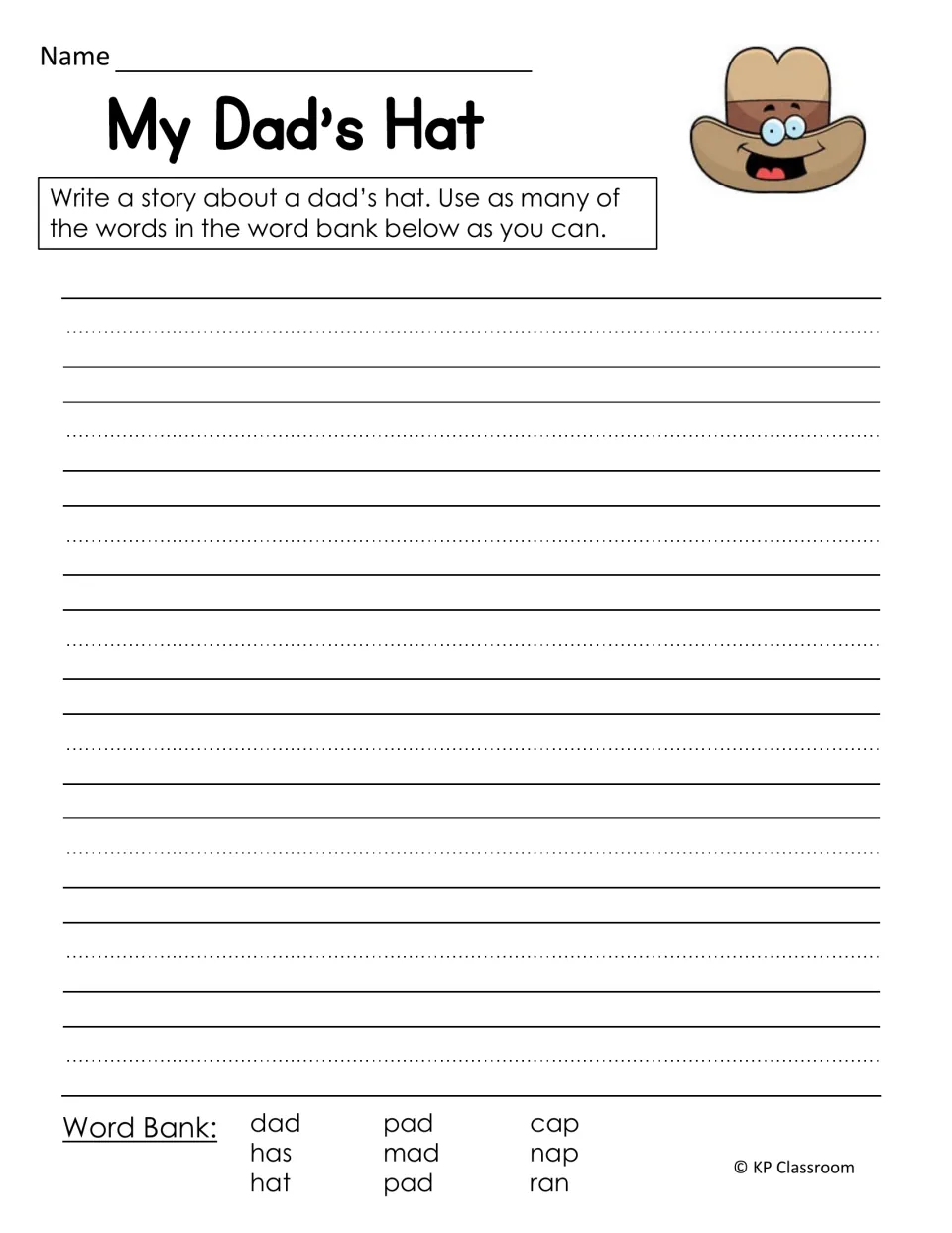 My Dad's Hat: students write a story about a dad's hat using short a word bank words like dad, hat, cap, nap and ran