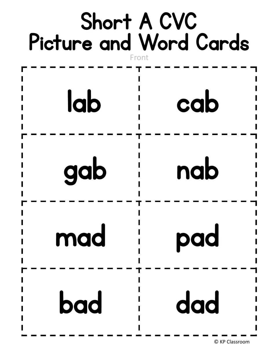 Short A CVC word cards, front: cut-out cards printed with lab, cab, gab, nab, mad, pad, bad and dad for reading practice