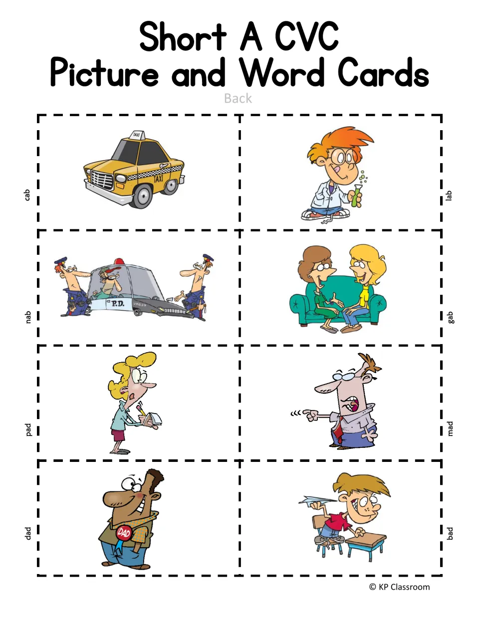 Short A CVC picture cards, back: images for cab, lab, nab, gab, pad, mad, dad and bad, such as a taxi and a scientist