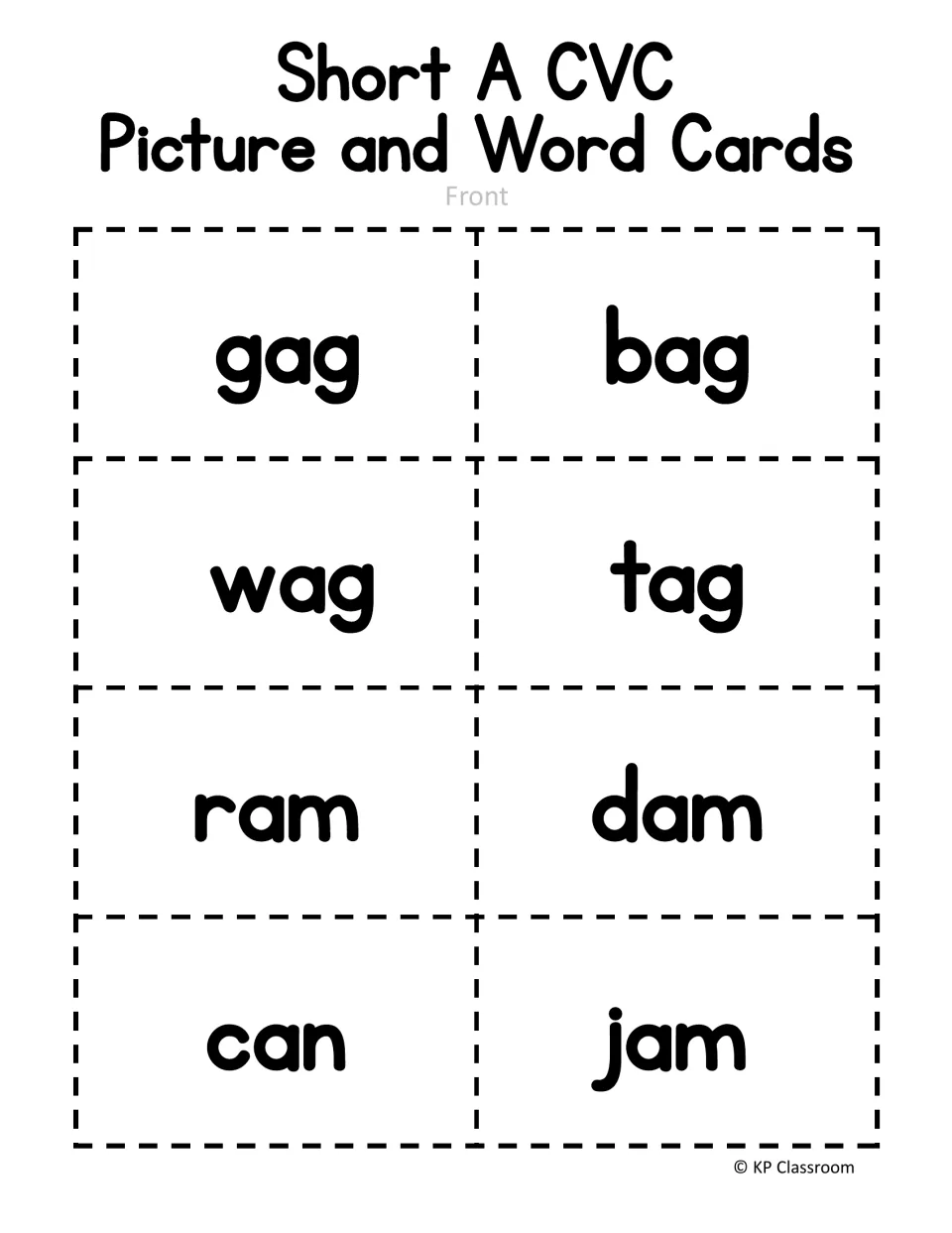 Short A CVC word cards, front: a second set of cut-out cards printed with gag, bag, wag, tag, ram, dam, can and jam