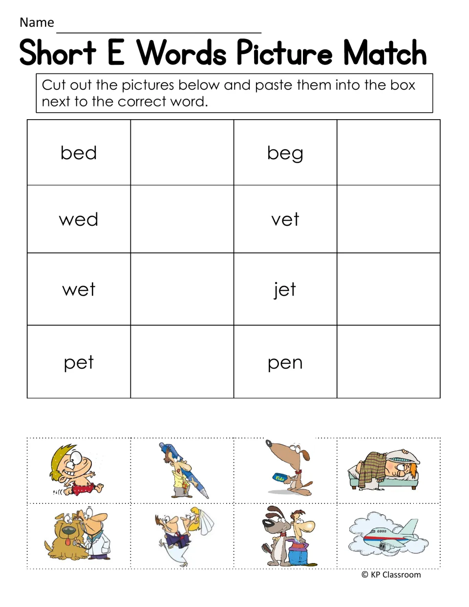 Short E picture match: students cut out eight pictures and paste each by bed, beg, wed, vet, wet, jet, pet or pen