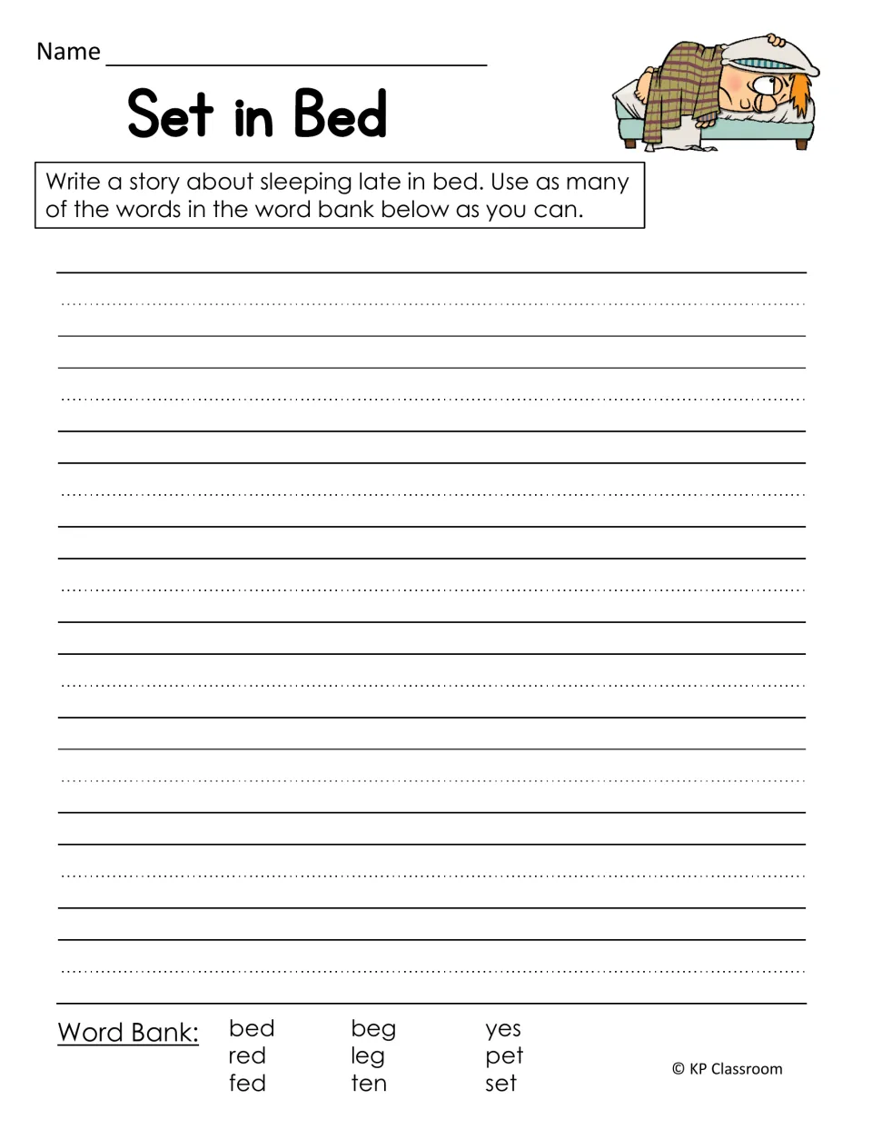 Set in Bed writing prompt: students write a story about sleeping late using word bank words such as bed, beg and yes