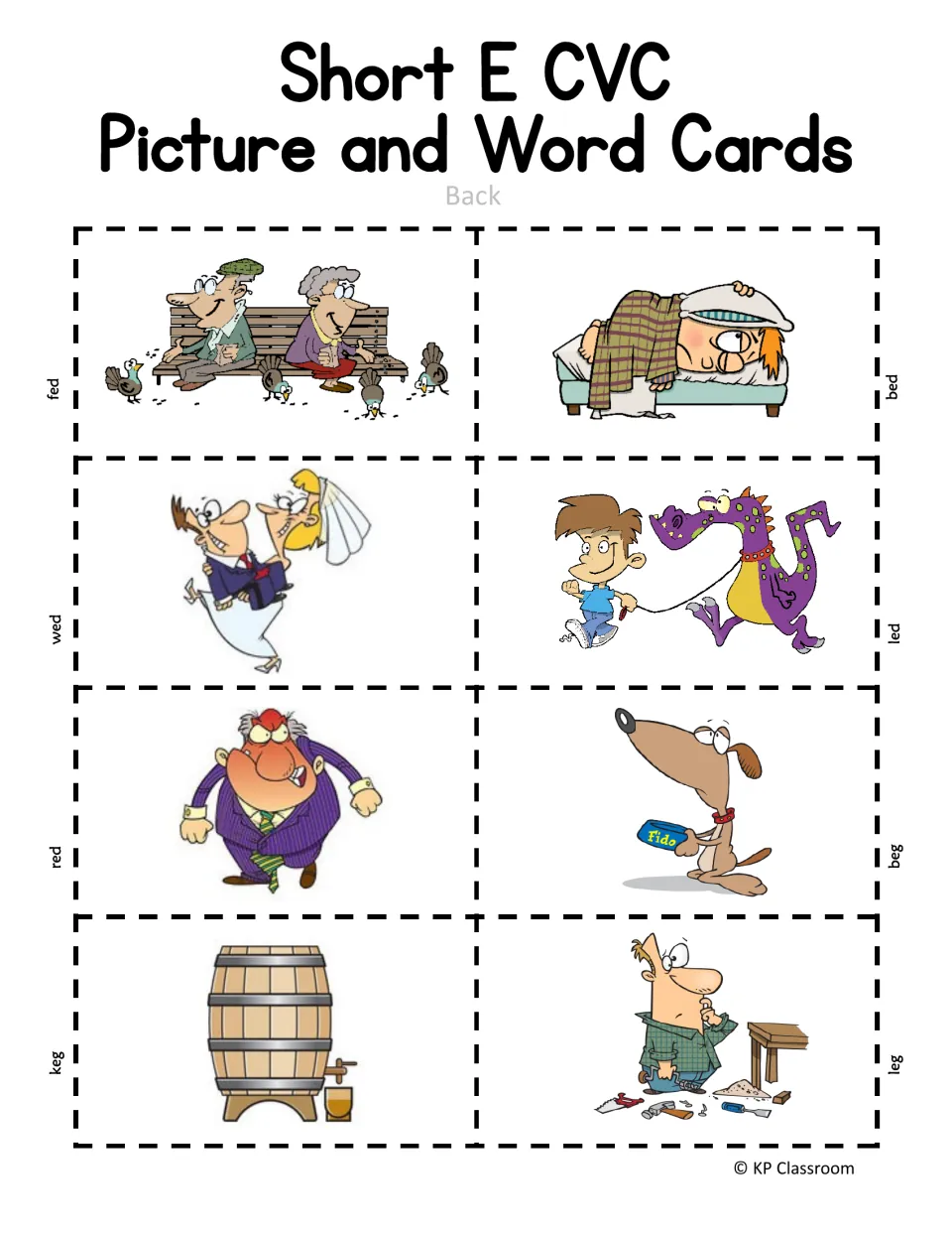 Short E CVC picture cards, back side: pictures for fed, bed, wed, led, red, beg, keg and leg, each with a small label