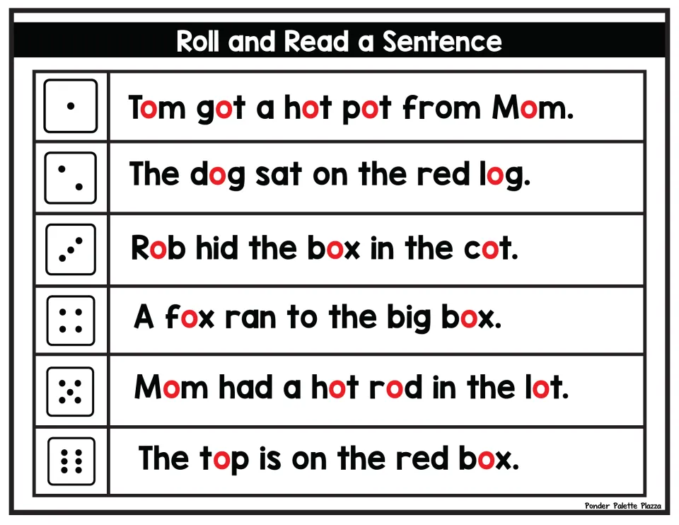 Short o sentence reading: students roll a die and read the matching sentence, like Tom got a hot pot from Mom