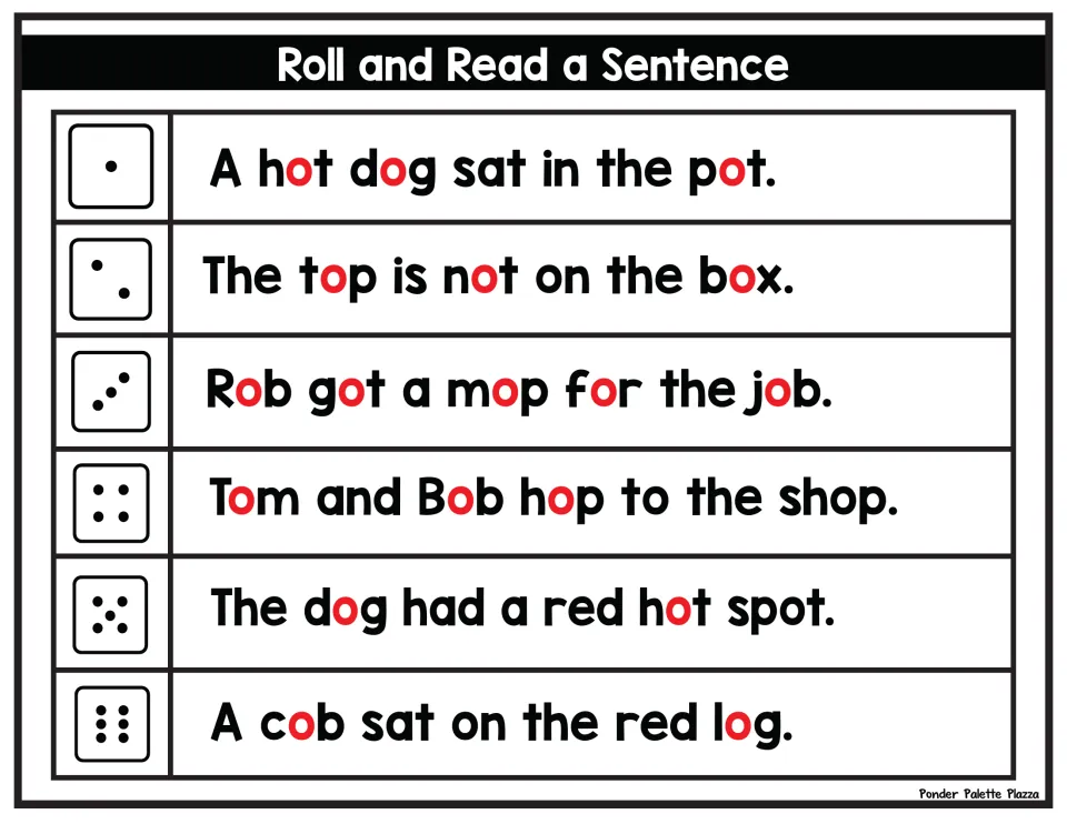 CVC short o decoding: roll a die, then read sentence 1 to 6, from A hot dog sat in the pot to A cob sat on the red log