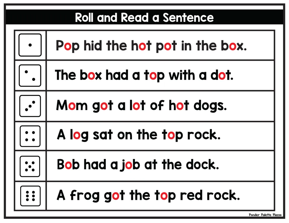 Short o vowel sentences with each o in red: students roll and read lines like Pop hid the hot pot in the box