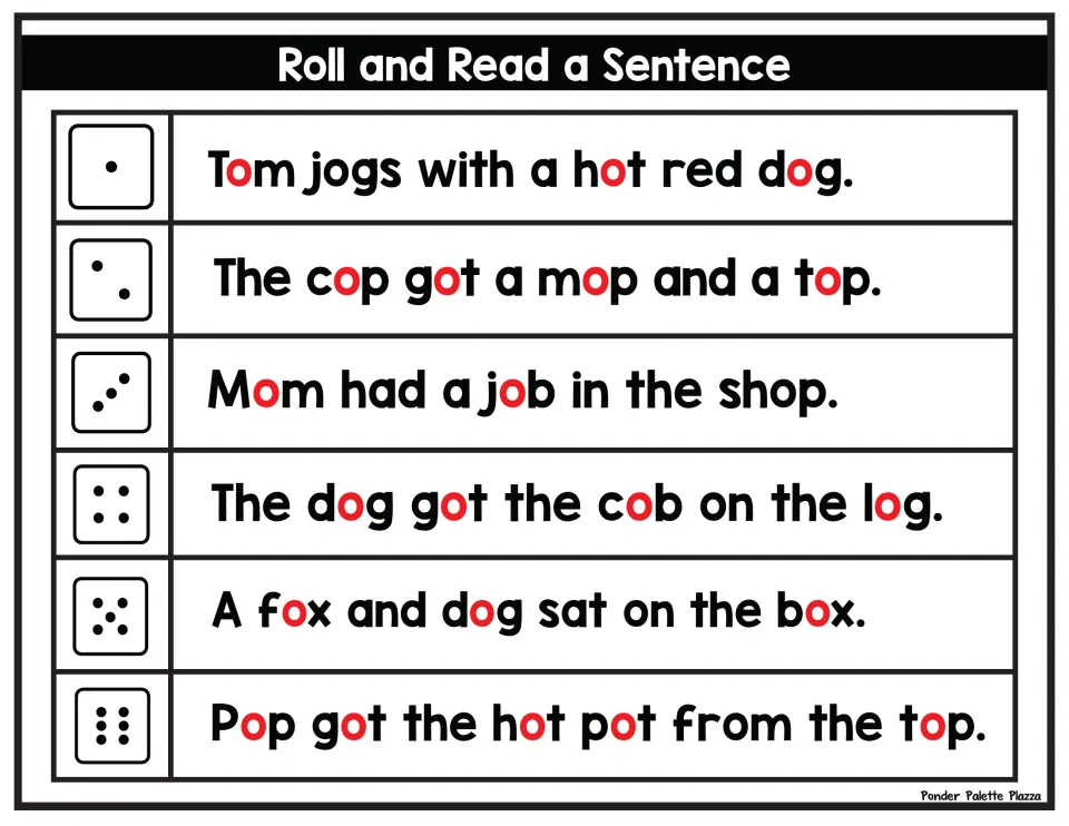Reading short o words in context: roll a die to pick a sentence to read aloud, such as The cop got a mop and a top