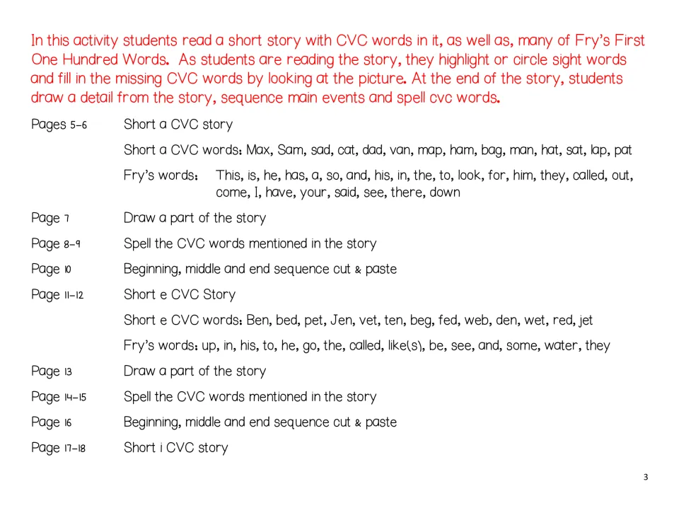 Activity guide lists short a and e stories, CVC and Fry words, drawing, spelling, and sequencing pages