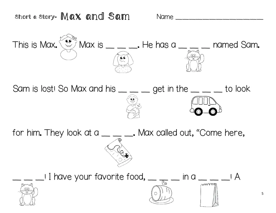 Max and Sam story, part 1: fill picture-clued short a words as Max and his dad search for his lost cat