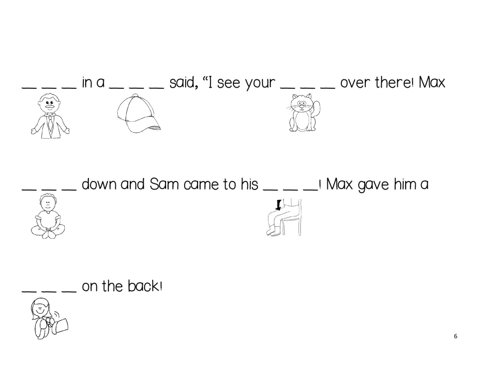 Max and Sam story, part 2: picture clues prompt man, cap, cat, sat, lap, and pat as Max finds his cat