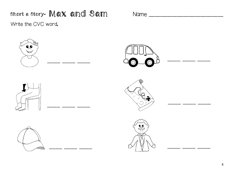 Max and Sam spelling practice, first page: write CVC words for pictures of Max, van, lap, map, cap, and man
