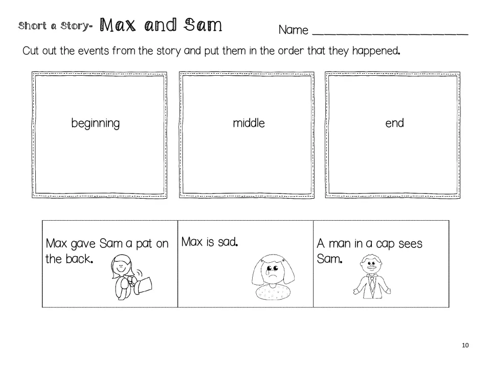 Max and Sam sequencing activity: cut and order events about Max being sad, a man seeing Sam, and Max's pat