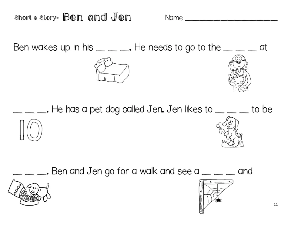 Ben and Jen story, part 1: fill picture-clued short e words including bed, vet, ten, beg, fed, and web