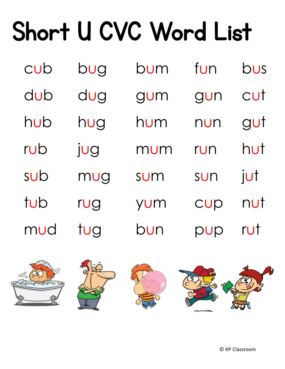 Short U CVC reference list contains 35 words, including cub, bug, gum, fun, and bus, with each u in red.