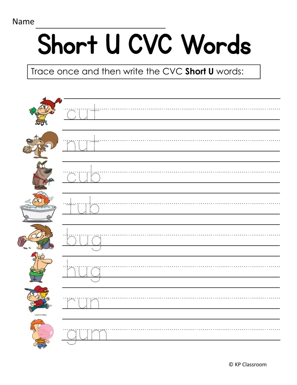Short U tracing and writing practice pairs pictures with cut, nut, cub, tub, bug, hug, run, and gum.