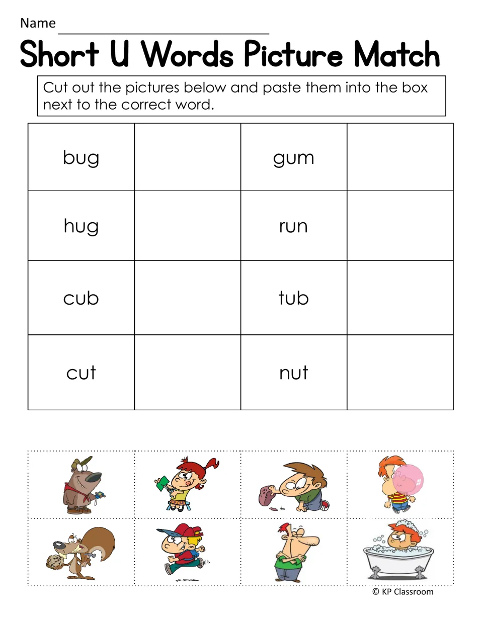 Short U picture matching activity asks students to cut and paste images for bug, hug, cub, cut, and four more.