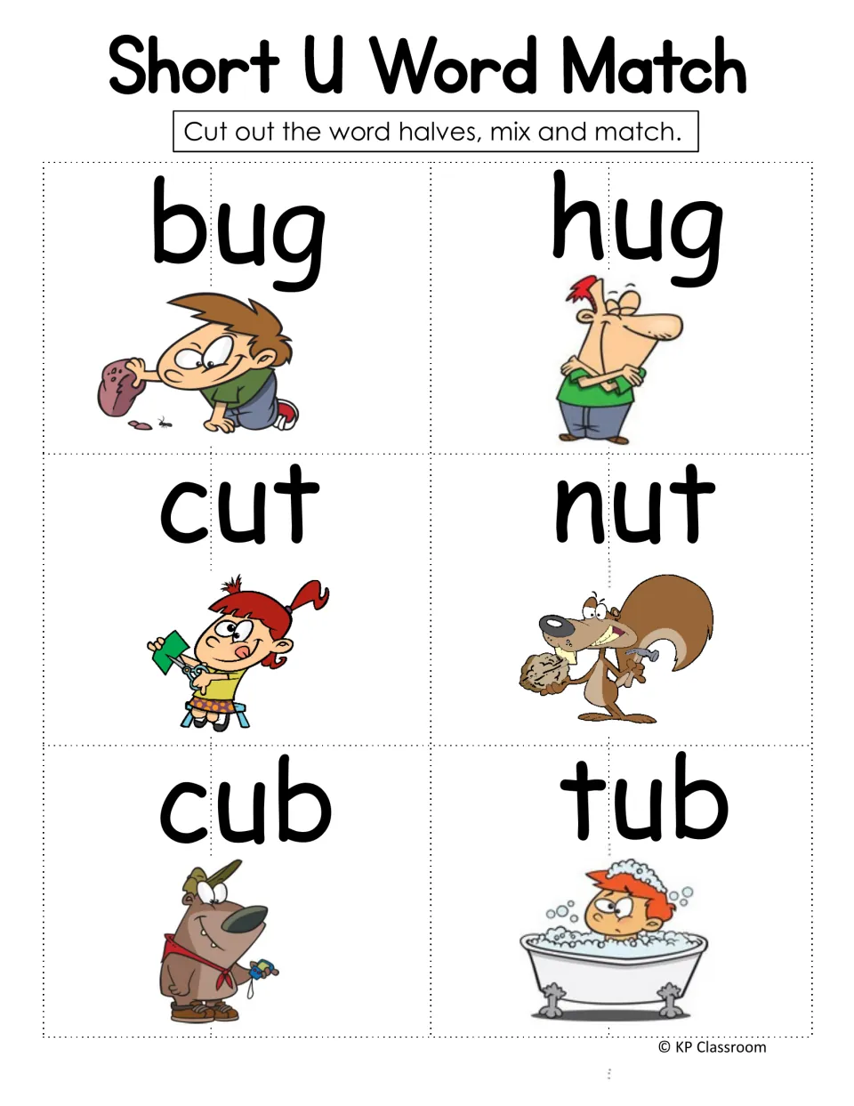 Short U word matching activity has six illustrated words to cut into halves: bug, hug, cut, nut, cub, and tub.