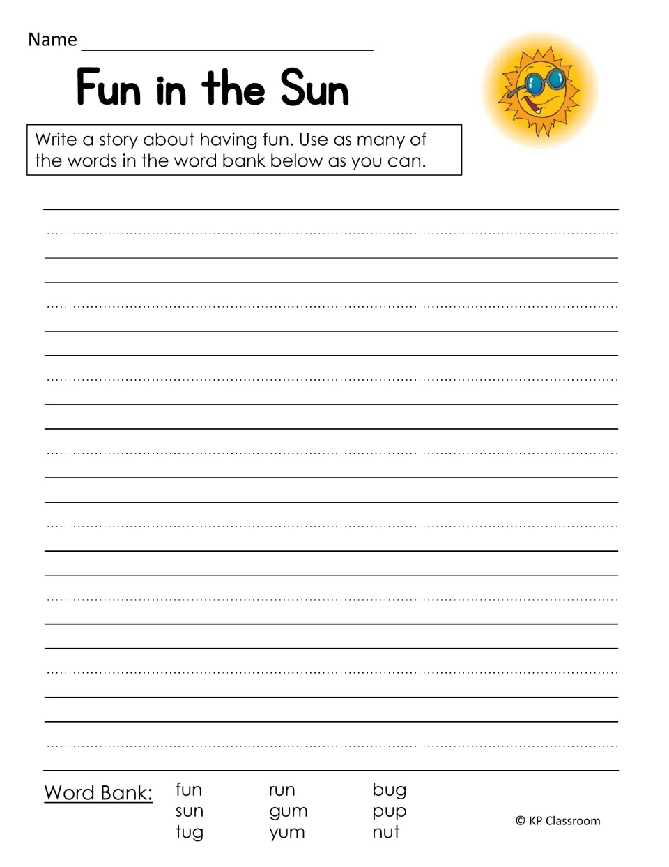 Fun in the Sun writing prompt asks for a story using fun, sun, tug, run, gum, yum, bug, pup, and nut.