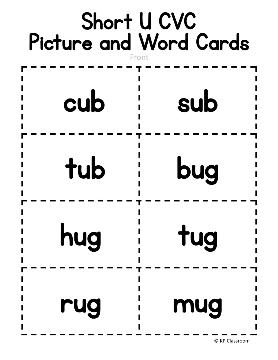 First short U card front sheet contains eight words: cub, sub, tub, bug, hug, tug, rug, and mug.