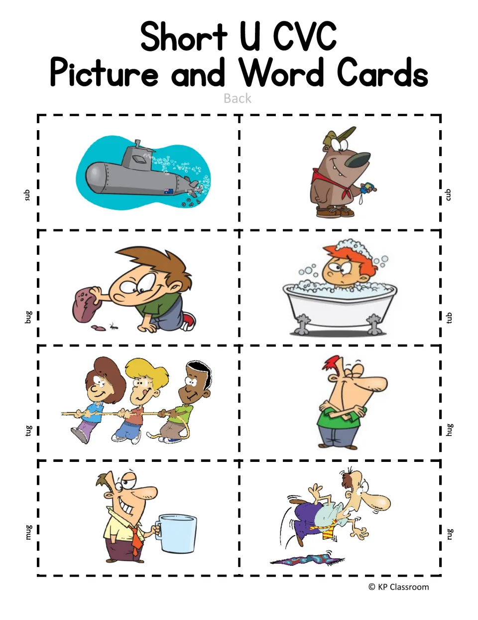 Short U picture-card backs illustrate sub, cub, bug, tub, tug, hug, mug, and rug for the first eight cards.