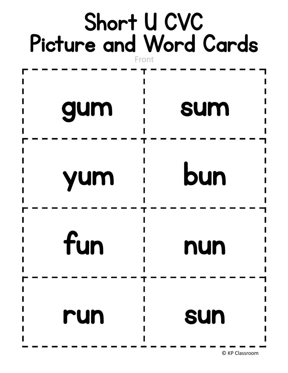 Second short U card front sheet contains eight words: gum, sum, yum, bun, fun, nun, run, and sun.