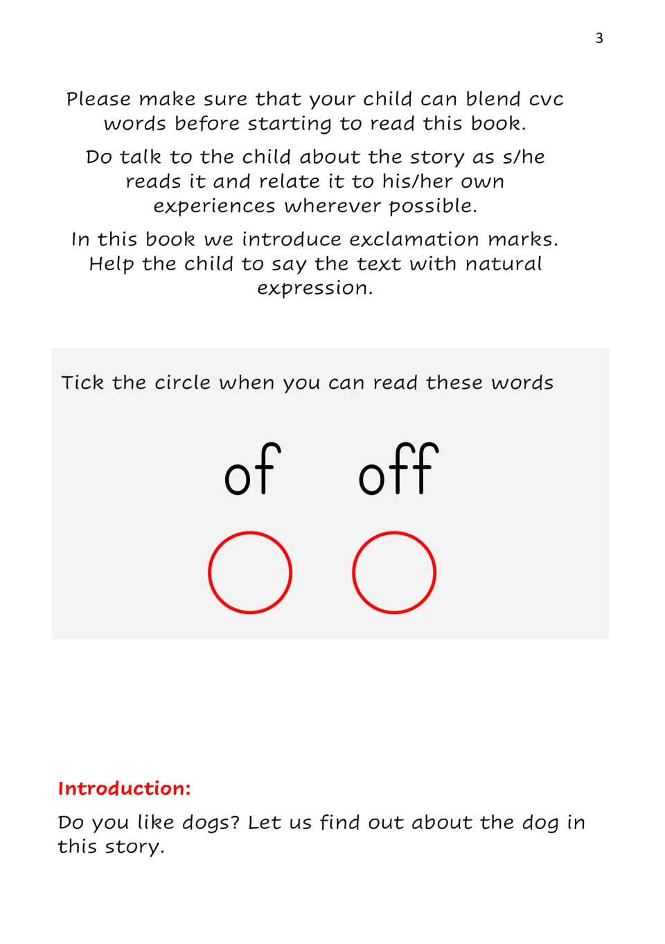 Reading guidance on blending CVC words and exclamation marks; children tick a circle once they can read 'of' and 'off'