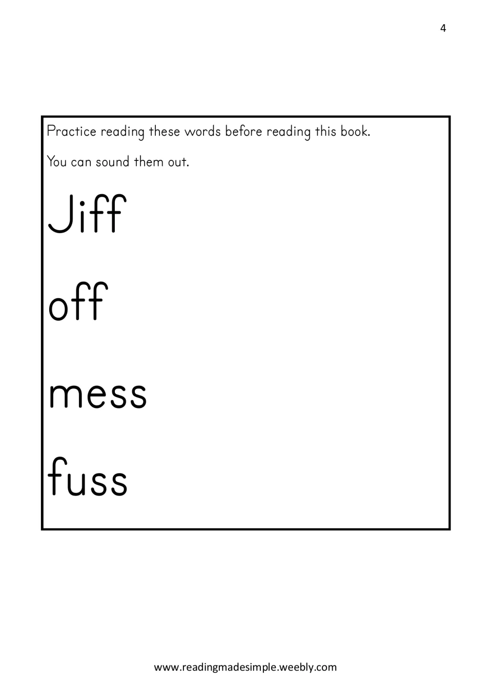 Word practice before the story: children sound out and read Jiff, off, mess and fuss, words with double final consonants