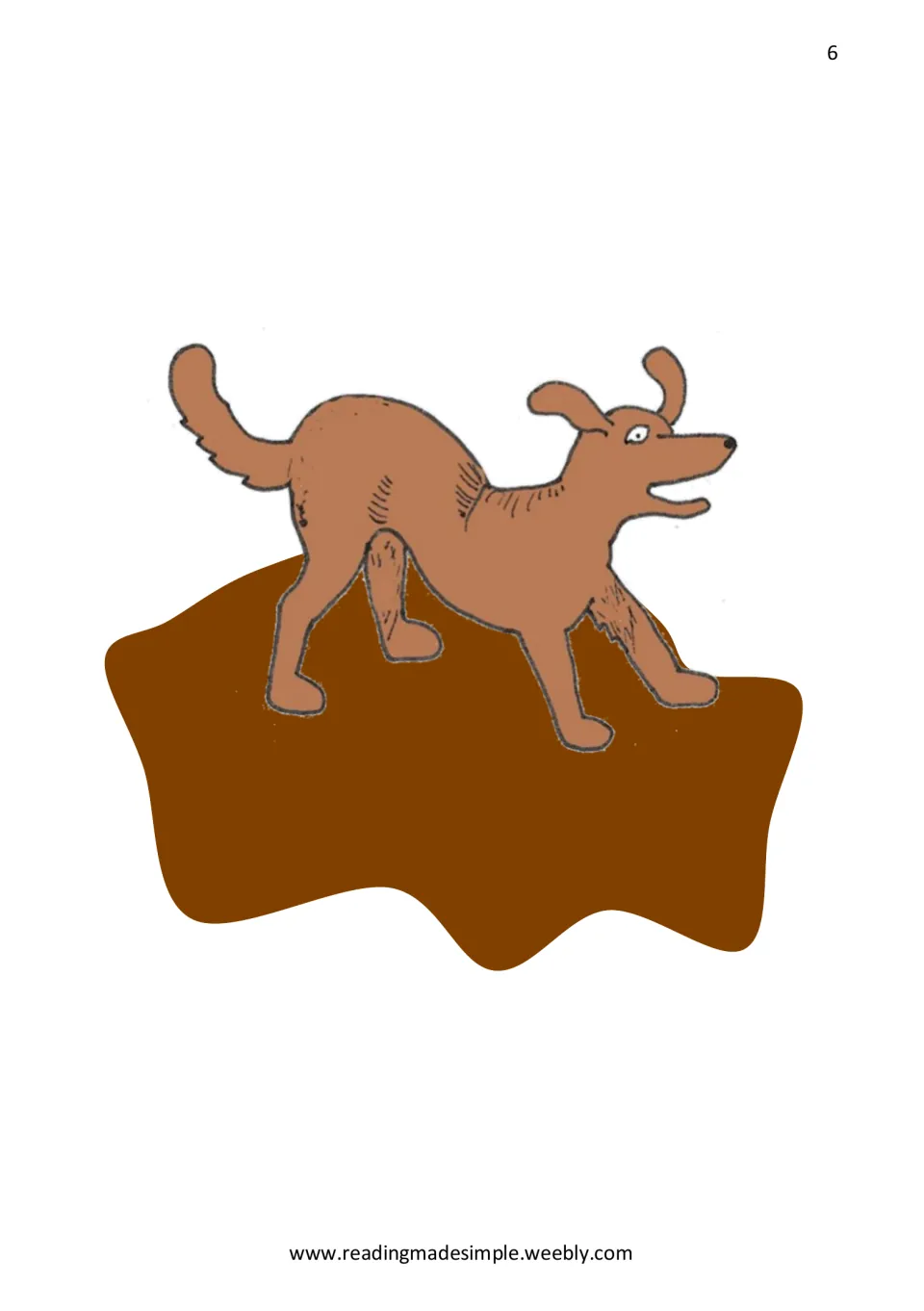 Story illustration of Jiff, a brown dog with an open mouth, standing in a large puddle of mud, to match the opening line