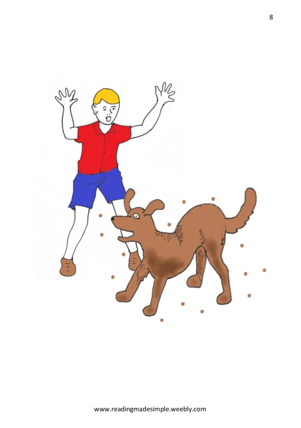 Story illustration of a muddy Jiff with mud flying off him beside a startled boy in a red shirt with his arms raised