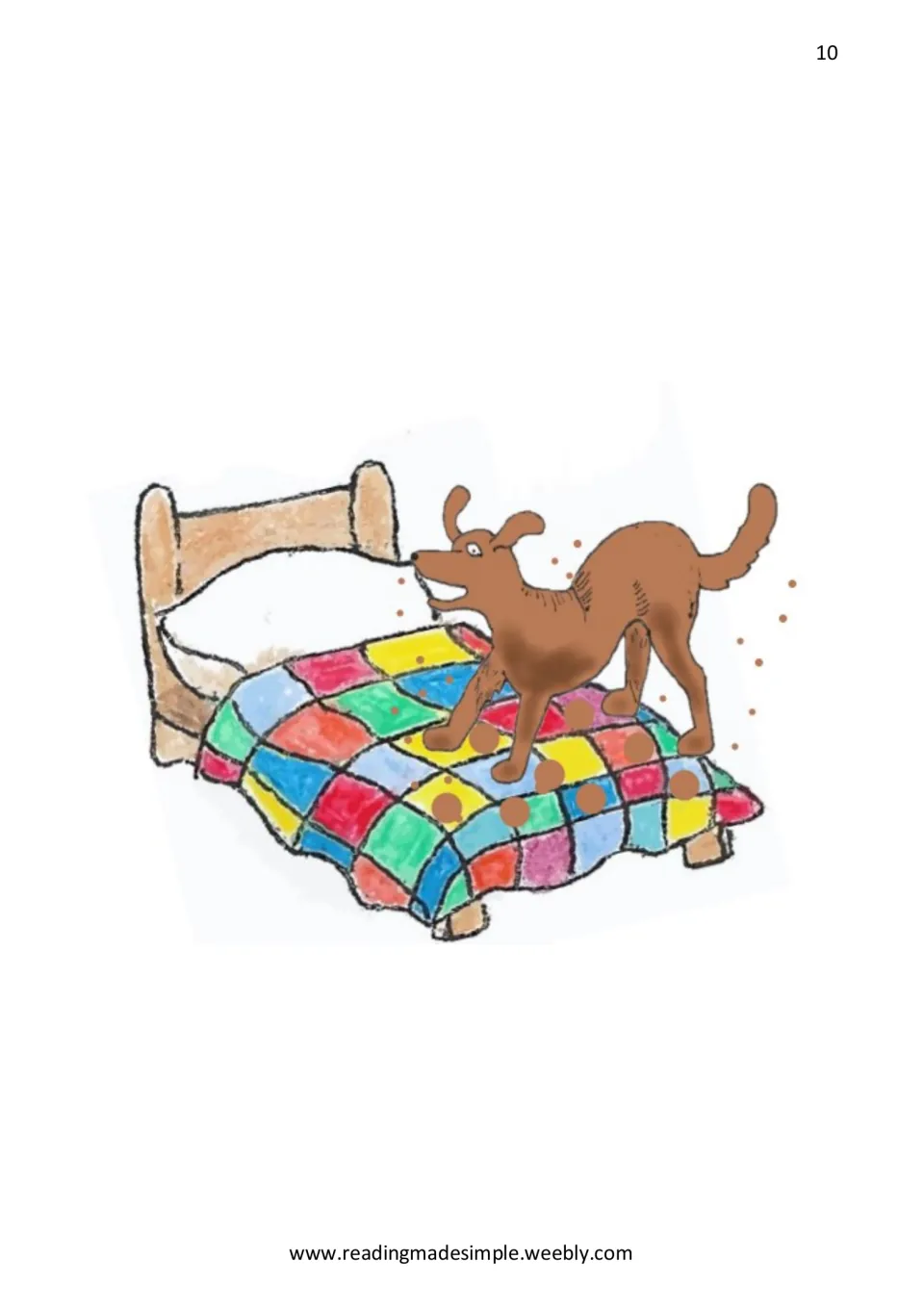 Story illustration of muddy Jiff standing on a bed with a patchwork quilt, leaving brown mud marks across the covers