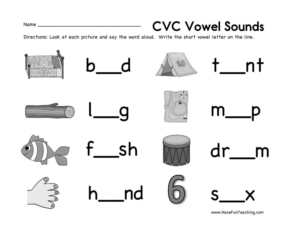Short vowel sounds: students say 8 picture names like bed, log, fish and drum and write the missing vowel in each word