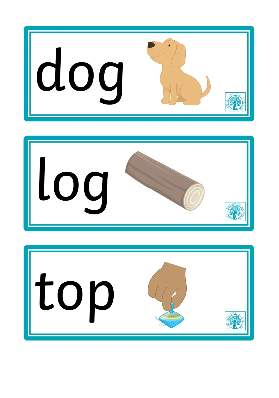 Short o CVC words: dog, log and top cards pair each word with a picture of a puppy, a log and a spinning top to read