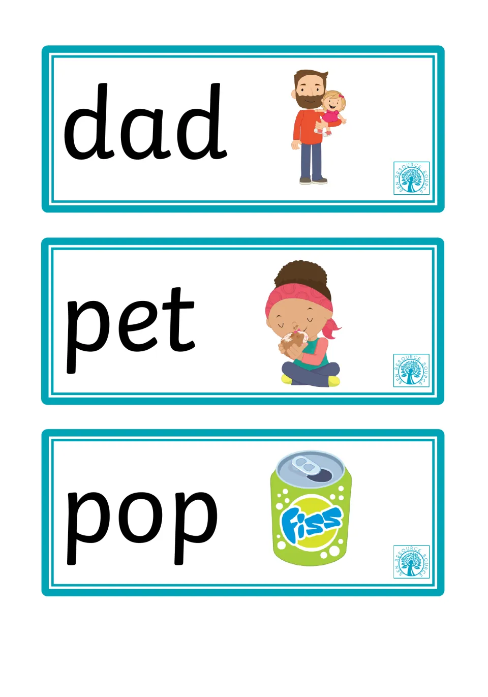 Word cards for dad, pet and pop: students read each three-letter word beside a dad holding a child, a pet and a soda can