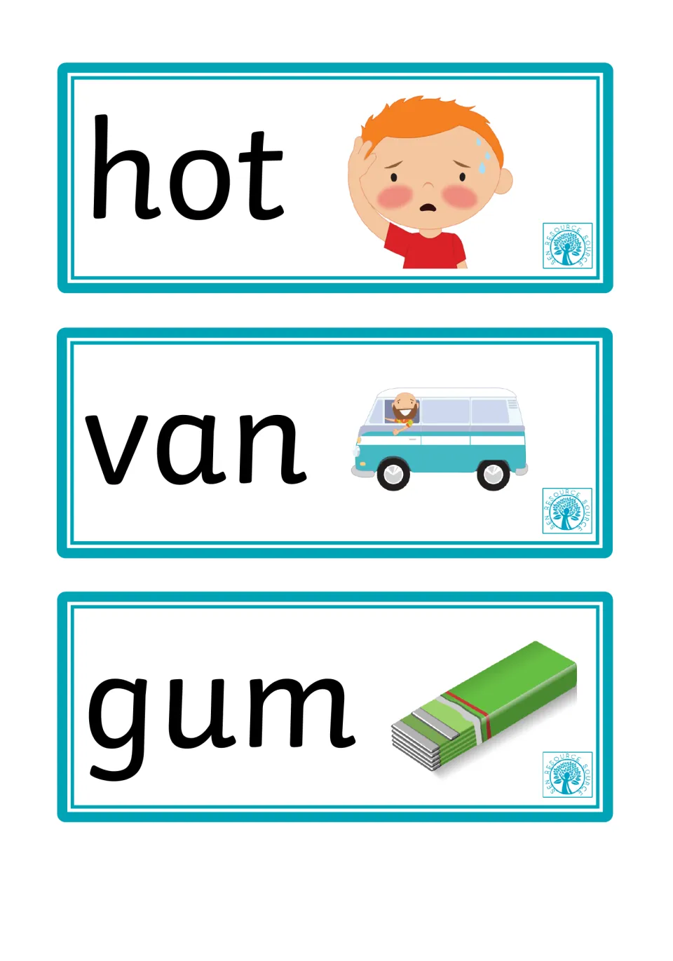 Hot, van and gum cards: students blend each consonant-vowel-consonant word shown with a sweaty boy, a camper van and gum