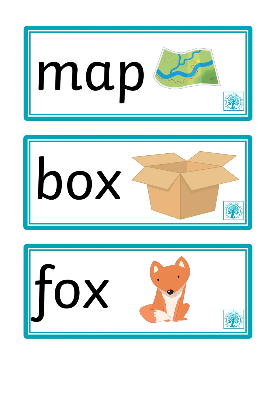 Map, box and fox cards: students decode short a and short o words matched to pictures of a map, a cardboard box and a fox