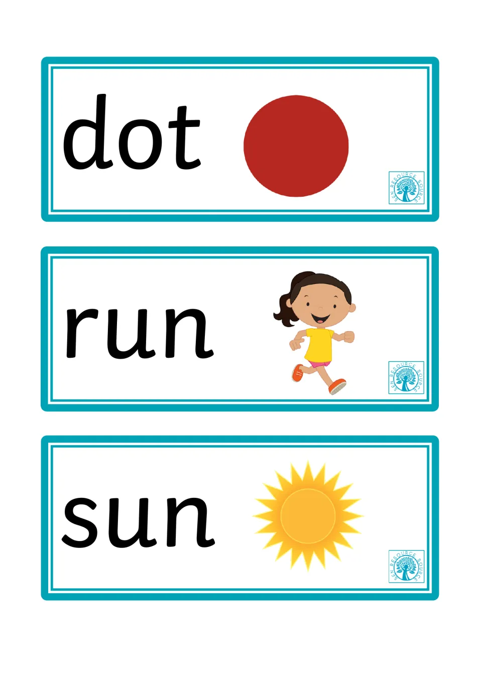 Dot, run and sun cards: students read short o and short u words shown beside a red dot, a running girl and a bright sun