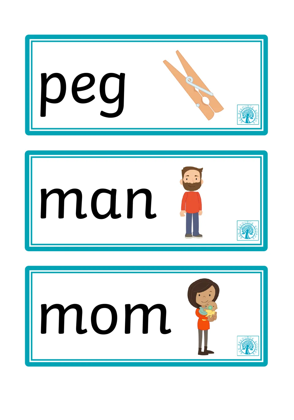 Peg, man and mom cards: students sound out each word with picture clues of a clothes peg, a bearded man and a mom with baby
