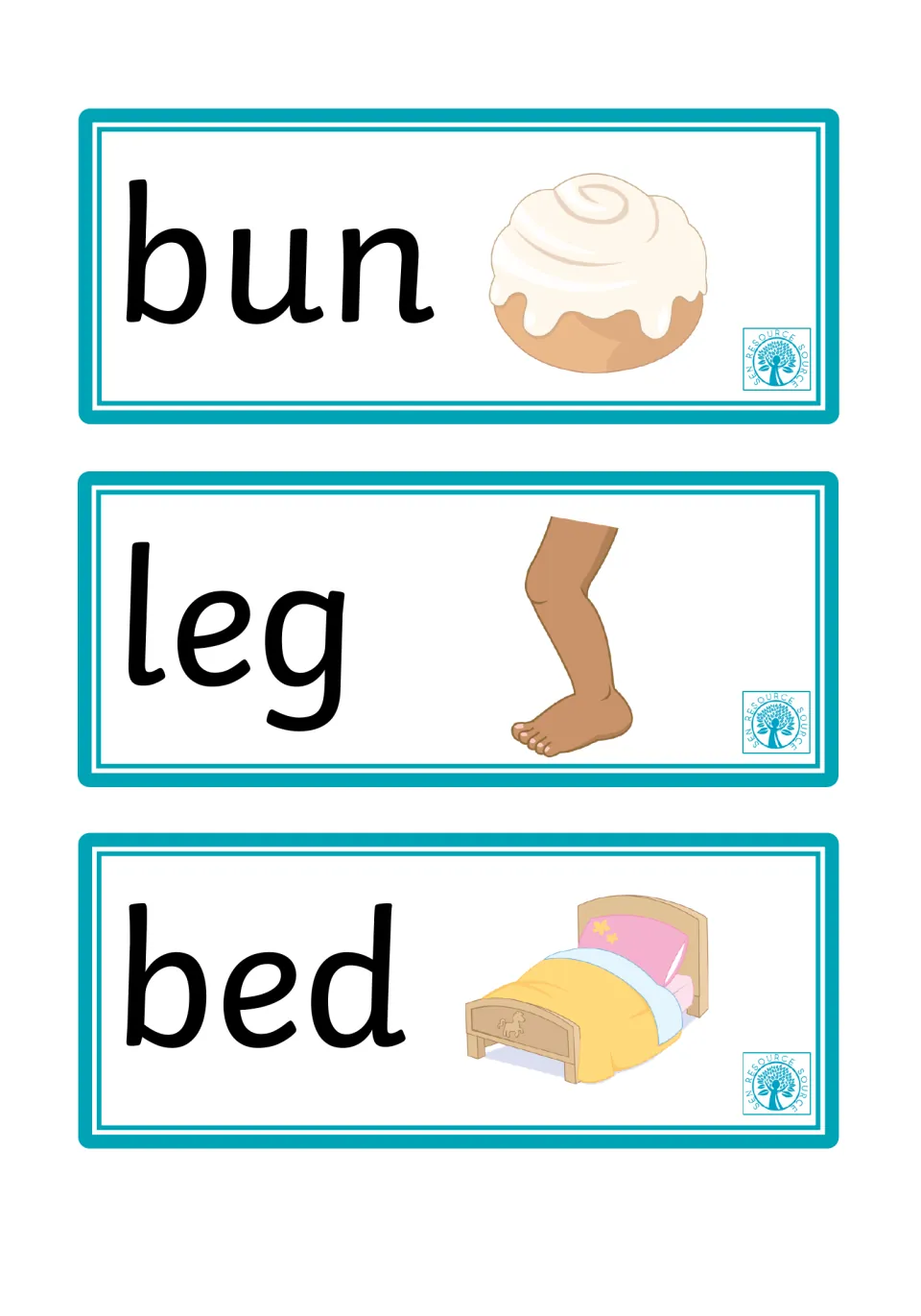 Bun, leg and bed cards: students practise short u and short e words with images of an iced bun, a leg and a bed