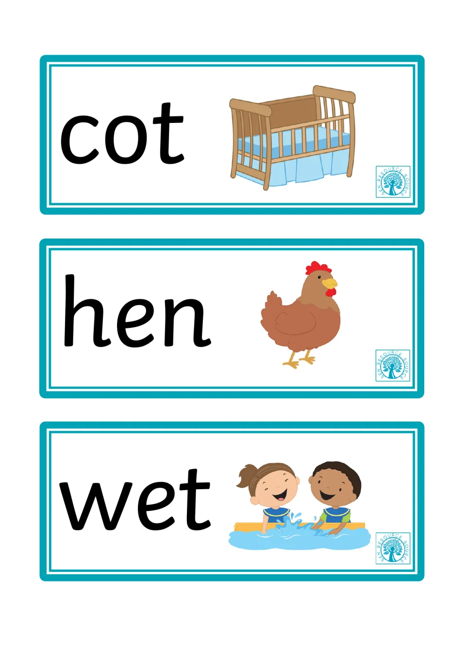 Cot, hen and wet cards: students read each word with its picture, a baby crib, a brown hen and two children splashing water