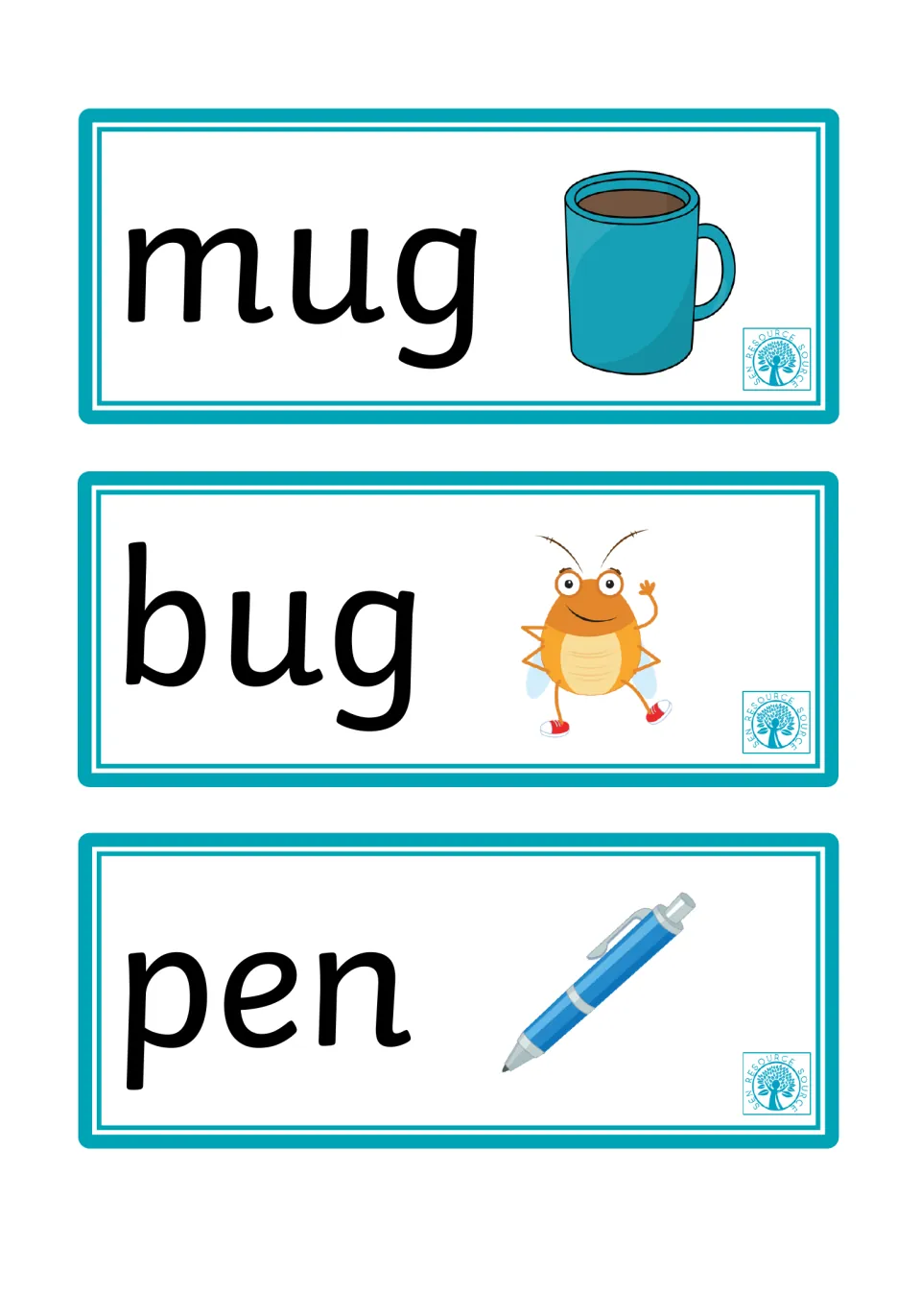 Mug, bug and pen cards: students decode each word with a picture of a blue mug, a smiling cartoon bug and a ballpoint pen