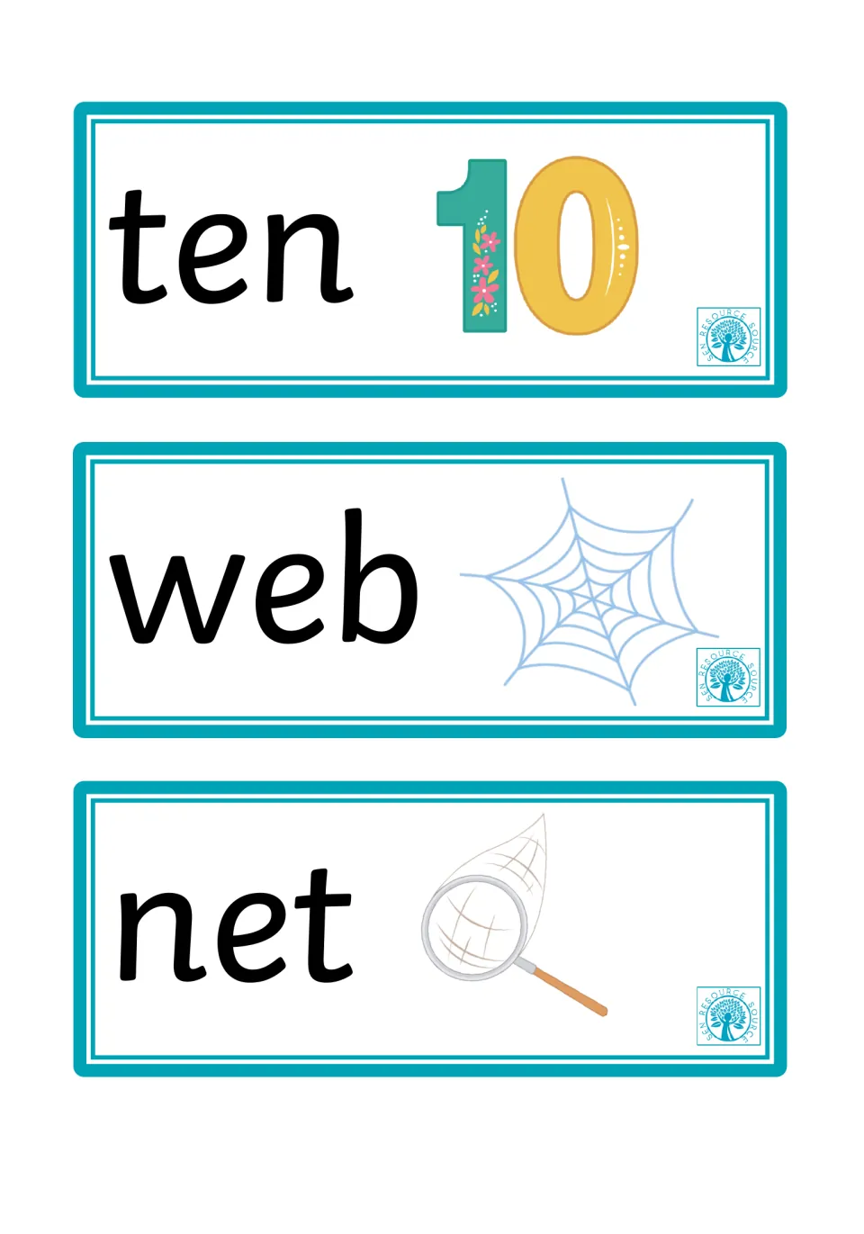 Ten, web and net cards: students read short e words illustrated by the number 10, a spider web and a butterfly net