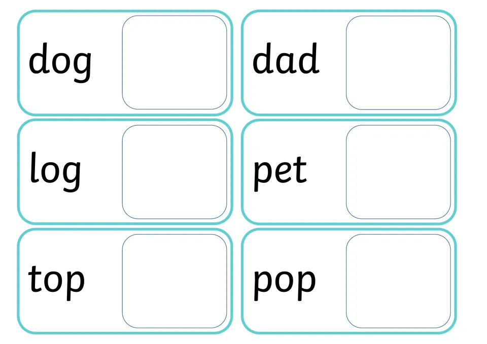 CVC word cards: dog, dad, log, pet, top and pop, each with an empty space where students place the matching picture