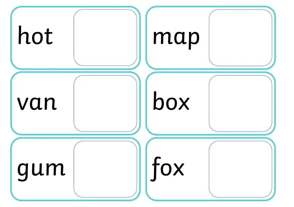 CVC word cards for hot, map, van, box, gum and fox, each beside an empty spot for students to match the right picture